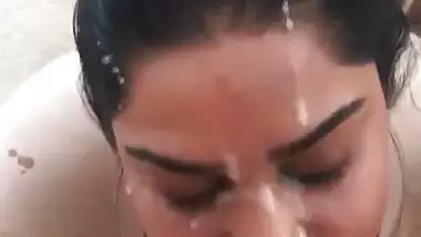 Big boob babe takes thick Indian cum in mouth